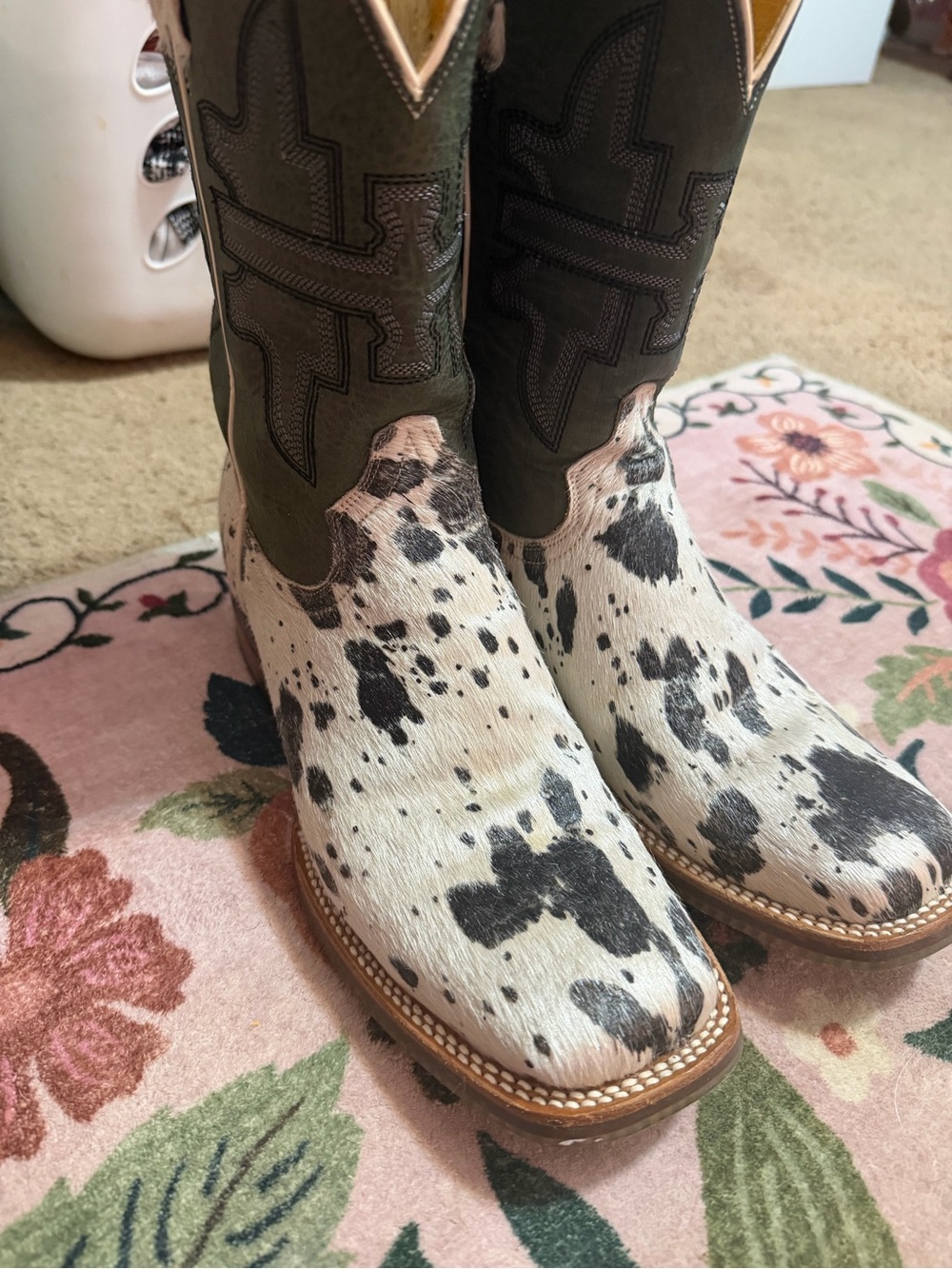 Tin Haul Olive and White Cowhide Print Western Heeled Boots